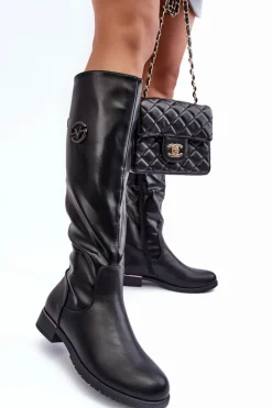 Buty damskie Vinceza Kozaki Płaskie|Kozaki Przed Kolano*Skórzane Kozaki Damskie Na Płaskim Obcasie Czarne Albuna