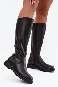 Buty Sergio Leone Kozaki Ocieplane|Muszkieterki*Skórzane Kozaki Damskie Ocieplane Na Płaskim Obcasie Sergio Leone KZ25600-S Czarne