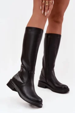 Damskie Maciejka Skórzane Kozaki Damskie Ocieplane A7164-01 Czarne