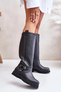 Zazoo Kozaki Płaskie|Brązowe Kozaki Damskie*Skórzane Kozaki Damskie Przed Kolano Lewski 3615 Czarne Czarny