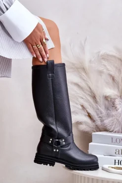 Zazoo Kozaki Płaskie|Brązowe Kozaki Damskie*Skórzane Kozaki Damskie Przed Kolano Lewski 3615 Czarne Czarny