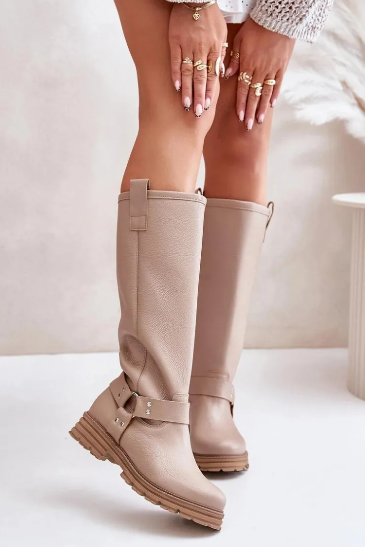 Damskie Zazoo Skórzane Kozaki Damskie Przed Kolano Lewski 3615 Beżowe