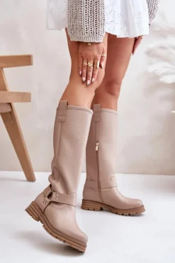 Damskie Zazoo Skórzane Kozaki Damskie Przed Kolano Lewski 3615 Beżowe