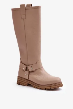 Damskie Zazoo Skórzane Kozaki Damskie Przed Kolano Lewski 3615 Beżowe