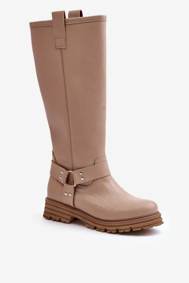 Damskie Zazoo Skórzane Kozaki Damskie Przed Kolano Lewski 3615 Beżowe