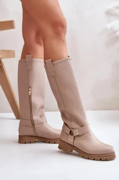 Damskie Zazoo Skórzane Kozaki Damskie Przed Kolano Lewski 3615 Beżowe