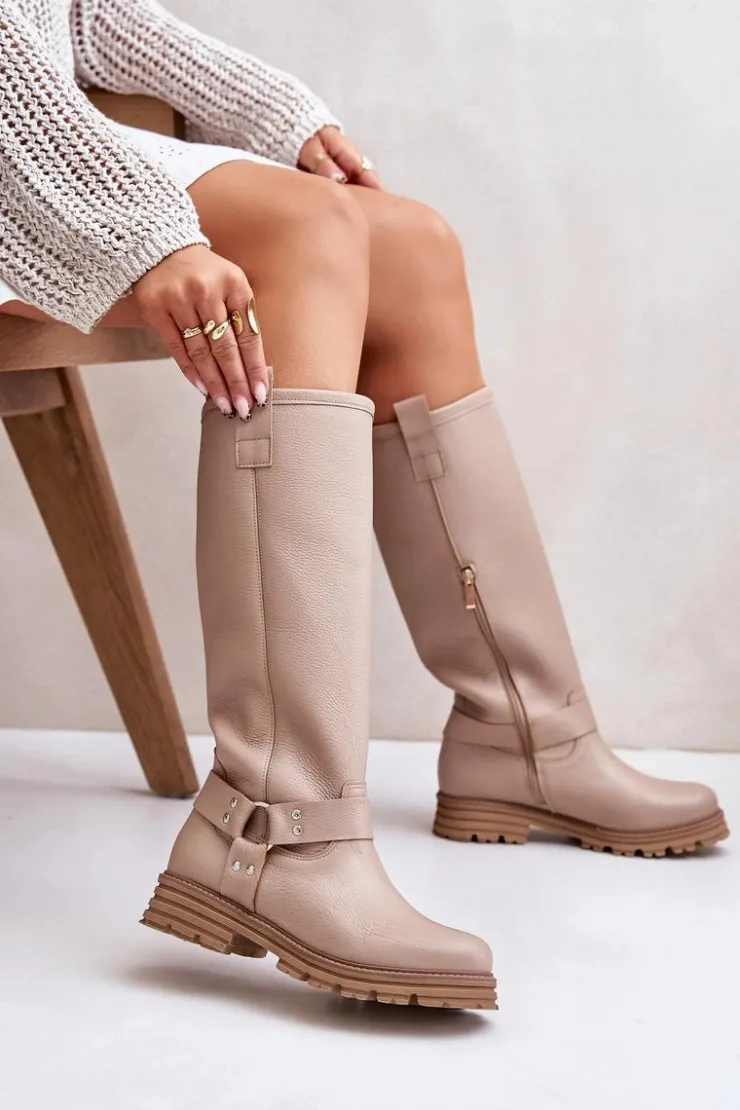 Damskie Zazoo Skórzane Kozaki Damskie Przed Kolano Lewski 3615 Beżowe