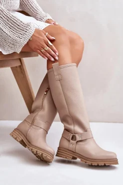 Damskie Zazoo Skórzane Kozaki Damskie Przed Kolano Lewski 3615 Beżowe