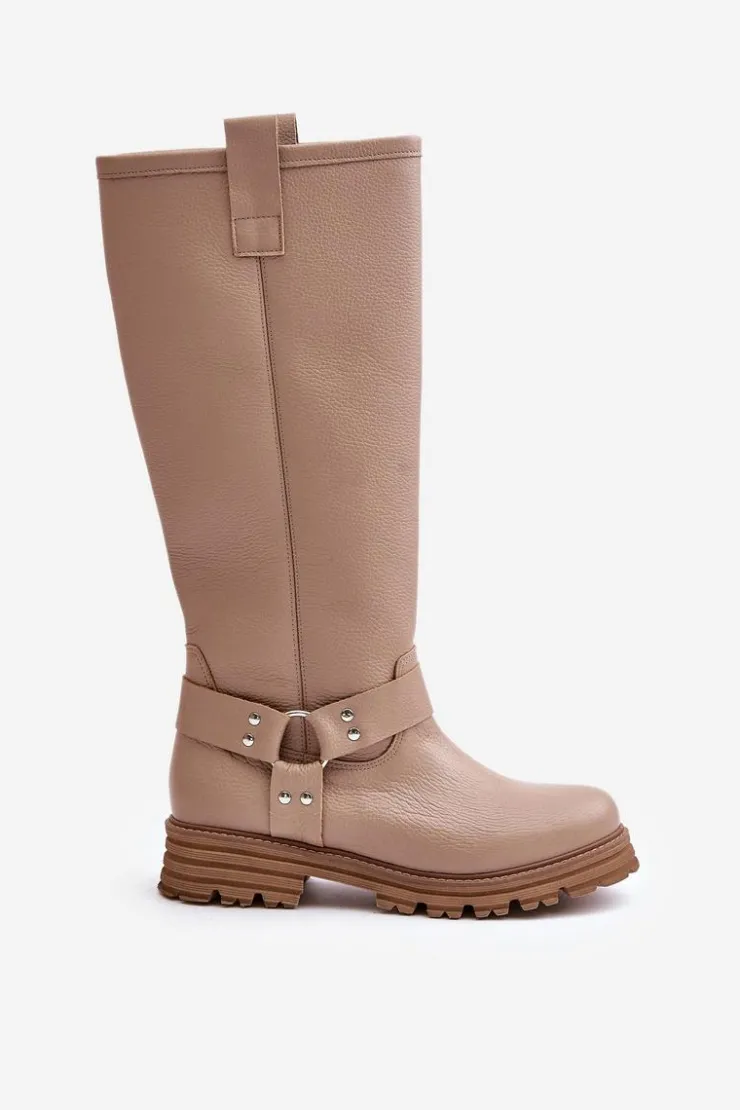 Damskie Zazoo Skórzane Kozaki Damskie Przed Kolano Lewski 3615 Beżowe