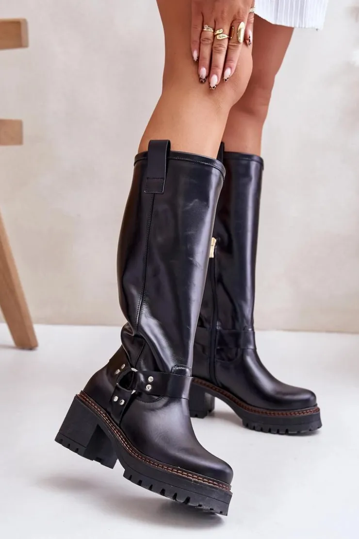 Damskie Boto Skórzane Kozaki Damskie Przed Kolano Lewski 3432 Czarne