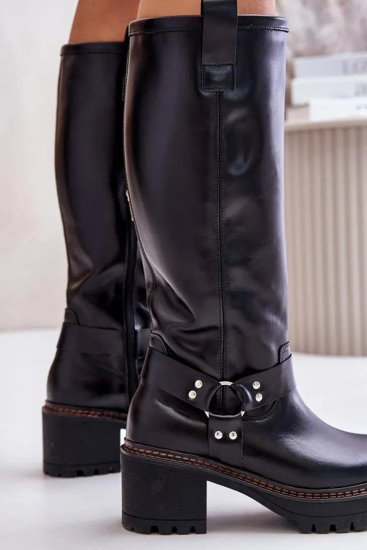 Damskie Boto Skórzane Kozaki Damskie Przed Kolano Lewski 3432 Czarne
