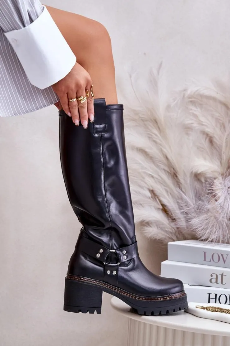 Damskie Boto Skórzane Kozaki Damskie Przed Kolano Lewski 3432 Czarne