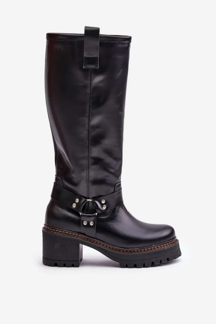 Damskie Boto Skórzane Kozaki Damskie Przed Kolano Lewski 3432 Czarne