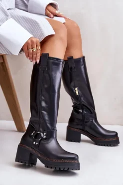 Damskie Boto Skórzane Kozaki Damskie Przed Kolano Lewski 3432 Czarne