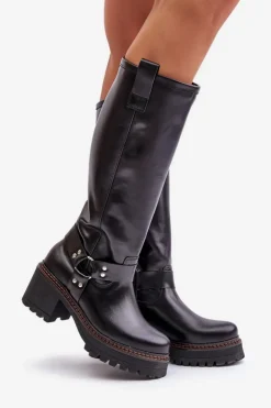 Damskie Boto Skórzane Kozaki Damskie Przed Kolano Lewski 3432 Czarne