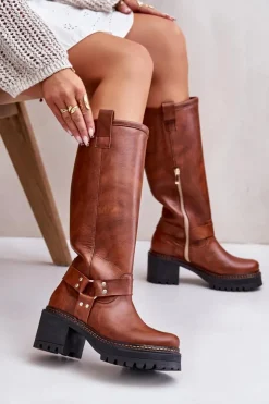 Damskie Boto Skórzane Kozaki Damskie Przed Kolano Lewski 3432 Camel
