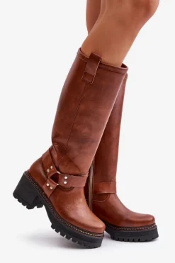 Damskie Boto Skórzane Kozaki Damskie Przed Kolano Lewski 3432 Camel