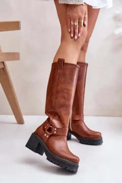 Damskie Boto Skórzane Kozaki Damskie Przed Kolano Lewski 3432 Camel