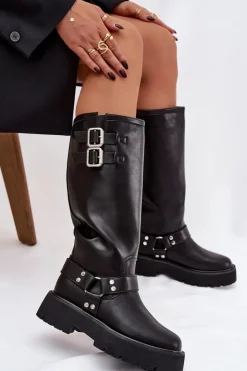 Sale Big Star Shoes Skórzane Kozaki Damskie Z Klamrami Ocieplane Big Star OO274A180 Czarne Czarny