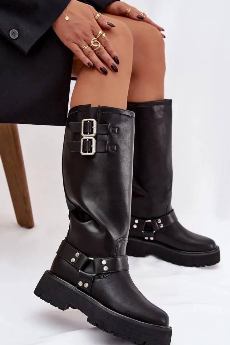 Sale Big Star Shoes Skórzane Kozaki Damskie Z Klamrami Ocieplane Big Star OO274A180 Czarne Czarny