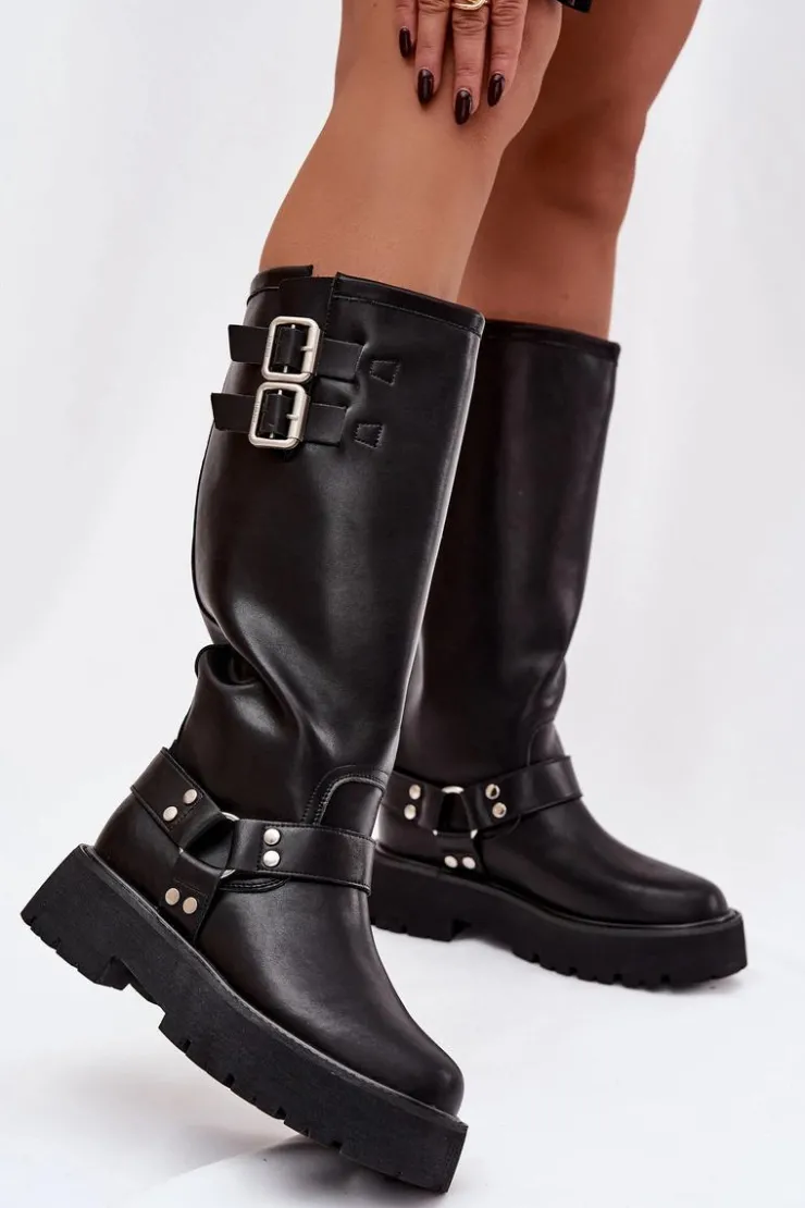 Sale Big Star Shoes Skórzane Kozaki Damskie Z Klamrami Ocieplane Big Star OO274A180 Czarne Czarny