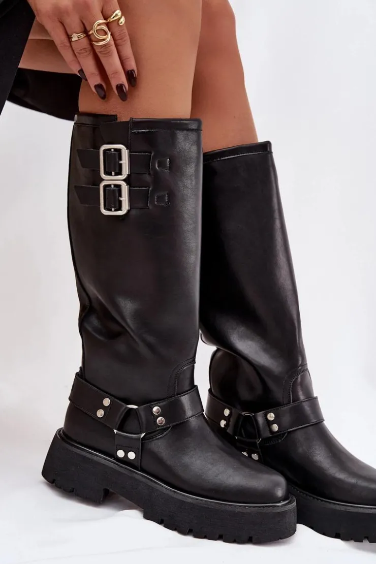 Sale Big Star Shoes Skórzane Kozaki Damskie Z Klamrami Ocieplane Big Star OO274A180 Czarne Czarny