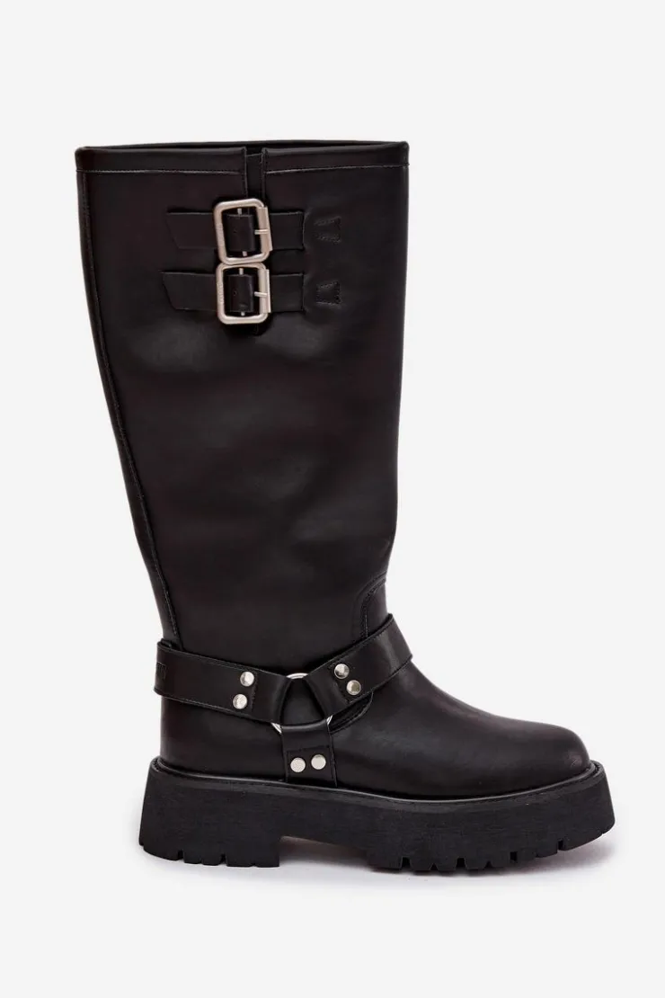 Sale Big Star Shoes Skórzane Kozaki Damskie Z Klamrami Ocieplane Big Star OO274A180 Czarne Czarny