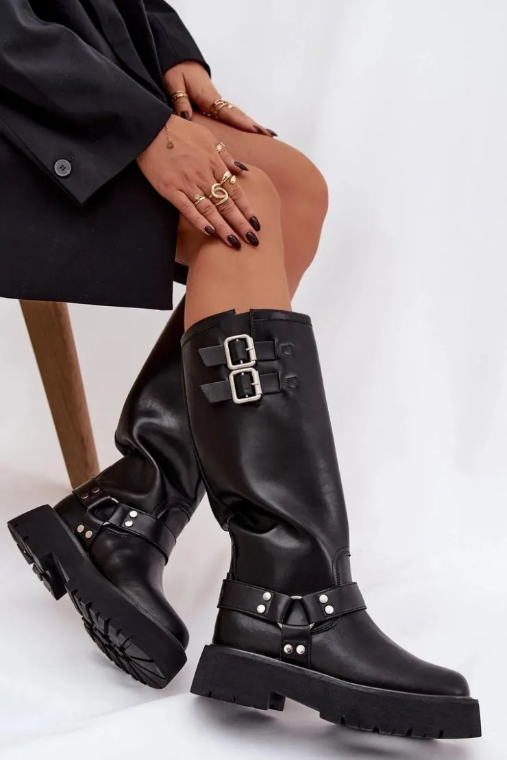 Sale Big Star Shoes Skórzane Kozaki Damskie Z Klamrami Ocieplane Big Star OO274A180 Czarne Czarny