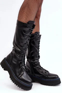 Damskie Boto Skórzane Kozaki Glany Sznurowane Z Suwakiem Czarne Zoraida