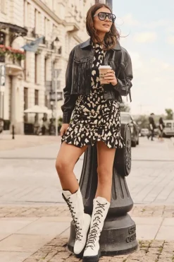 Damskie Boto Skórzane Kozaki Glany Sznurowane Z Suwakiem Białe Zoraida