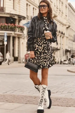 Damskie Boto Skórzane Kozaki Glany Sznurowane Z Suwakiem Białe Zoraida