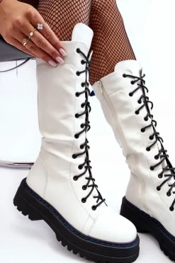 Damskie Boto Skórzane Kozaki Glany Sznurowane Z Suwakiem Białe Zoraida