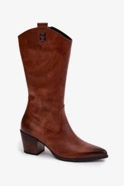 Best Zazoo Skórzane Kozaki Kowbojki Na Obcasie Ocieplane 70155 Brązowe Brązowy