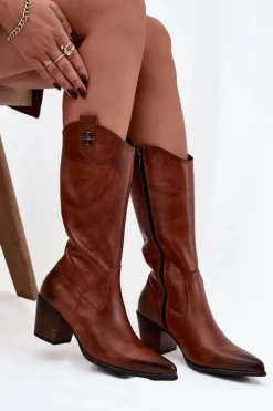 Best Zazoo Skórzane Kozaki Kowbojki Na Obcasie Ocieplane 70155 Brązowe Brązowy