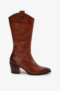 Best Zazoo Skórzane Kozaki Kowbojki Na Obcasie Ocieplane 70155 Brązowe Brązowy