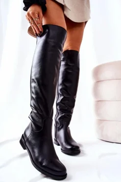 Damskie Laura Messi Skórzane Kozaki Czarne 2293