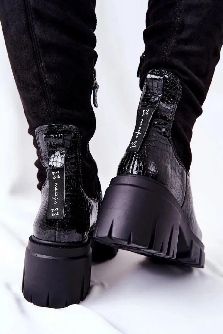 Maciejka Kozaki Wiosenne|Kozaki Na Obcasie*Skórzane Kozaki Krokodyl Czarne 05260-01
