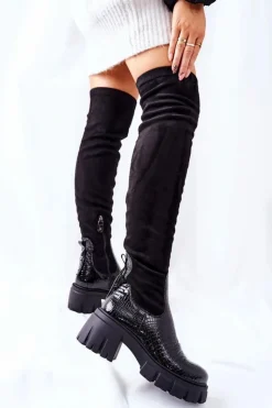 Maciejka Kozaki Wiosenne|Kozaki Na Obcasie*Skórzane Kozaki Krokodyl Czarne 05260-01