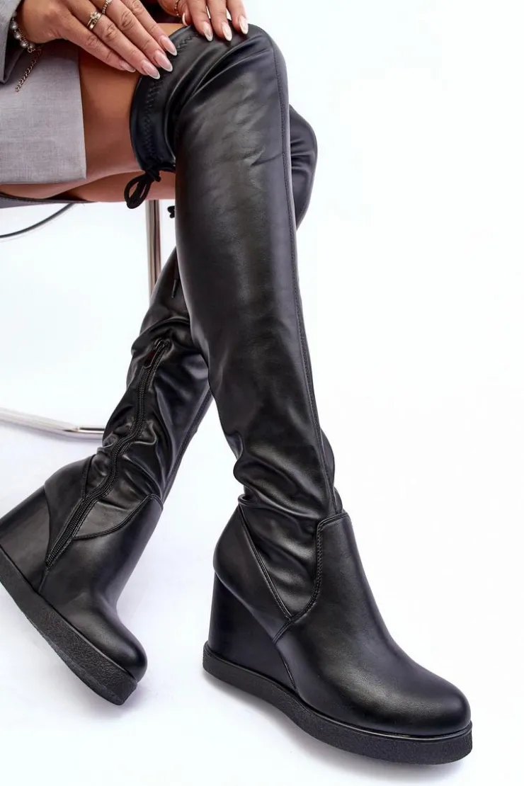 Damskie Boto Skórzane Kozaki Muszkieterki Na Koturnie Czarne Ambre