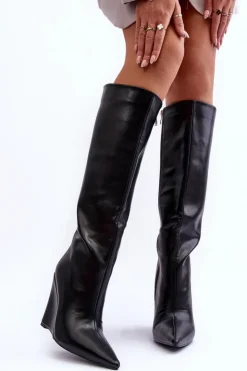 Hot Boto Skórzane Kozaki Na Koturnie Czarne Delinn