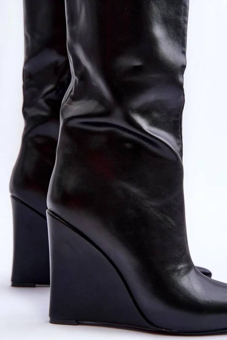 Hot Boto Skórzane Kozaki Na Koturnie Czarne Delinn