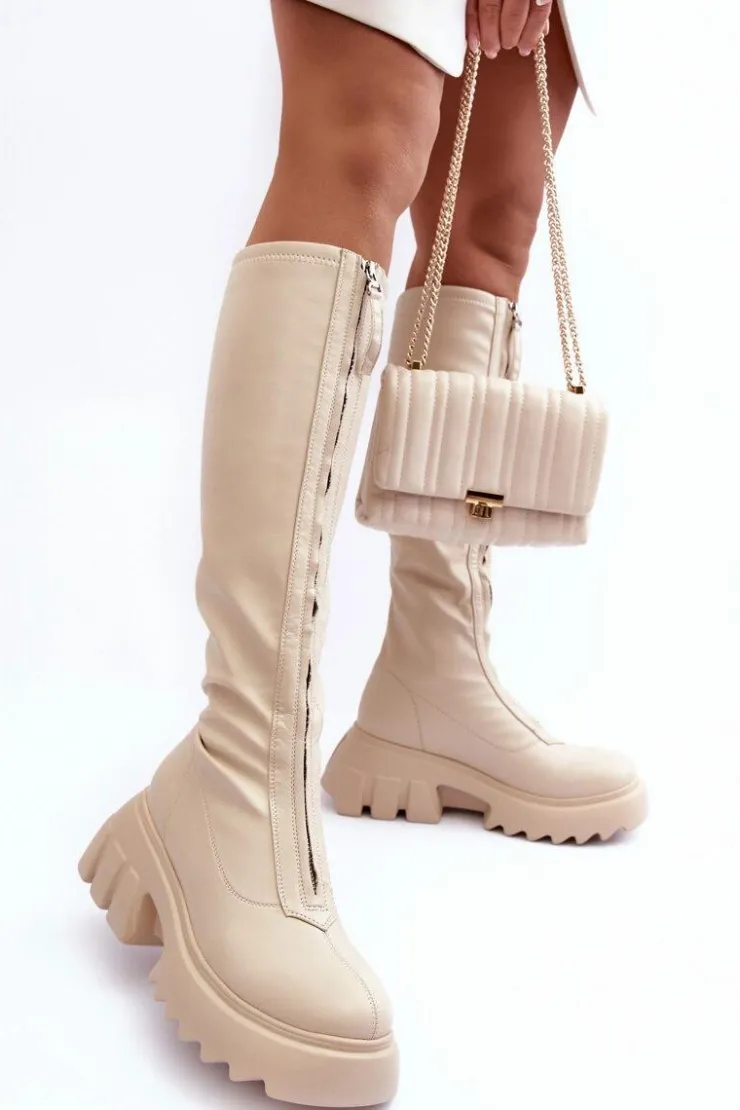 Boto Kozaki Płaskie|Kozaki Przed Kolano*Skórzane Kozaki Na Masywnej Platformie Z Suwakiem Beżowe Ringo