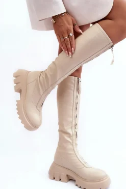 Boto Kozaki Płaskie|Kozaki Przed Kolano*Skórzane Kozaki Na Masywnej Platformie Z Suwakiem Beżowe Ringo