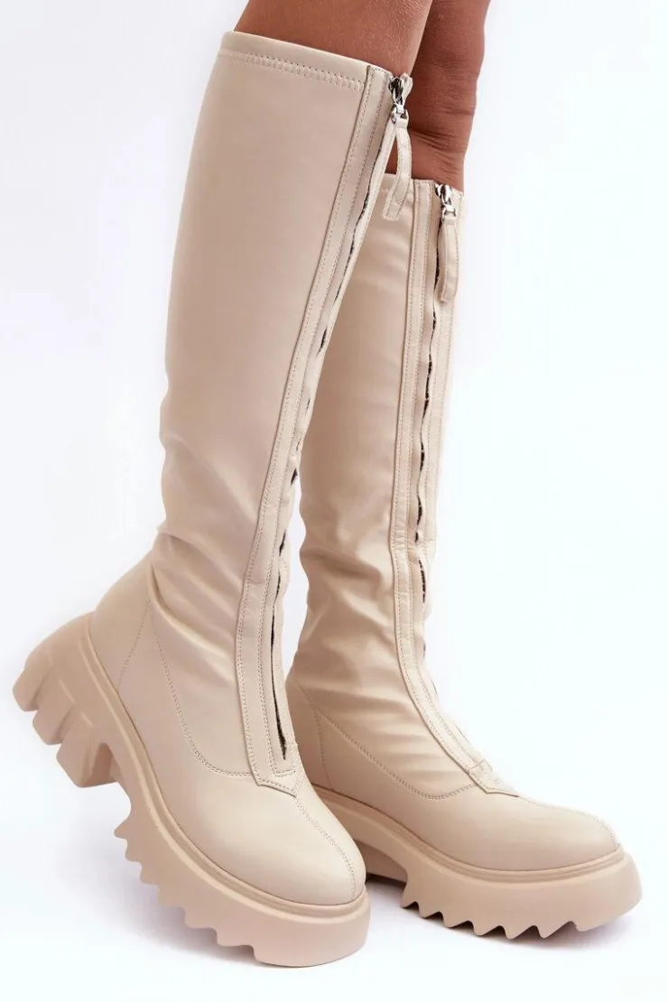 Boto Kozaki Płaskie|Kozaki Przed Kolano*Skórzane Kozaki Na Masywnej Platformie Z Suwakiem Beżowe Ringo