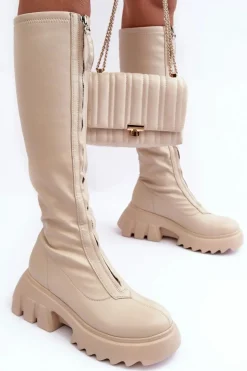 Boto Kozaki Płaskie|Kozaki Przed Kolano*Skórzane Kozaki Na Masywnej Platformie Z Suwakiem Beżowe Ringo