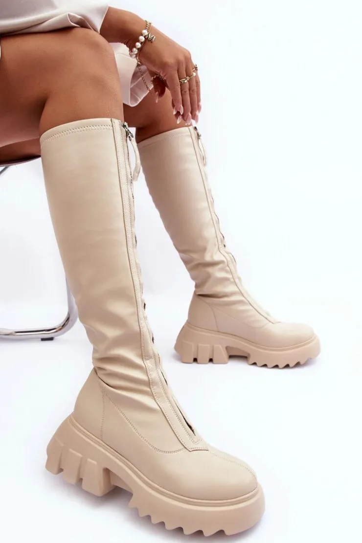 Boto Kozaki Płaskie|Kozaki Przed Kolano*Skórzane Kozaki Na Masywnej Platformie Z Suwakiem Beżowe Ringo