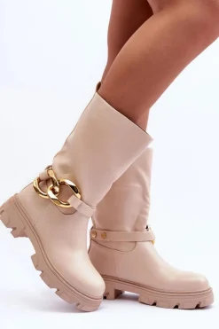 Online Boto Skórzane Kozaki Na Płaskim Obcasie Beżowe Diominna