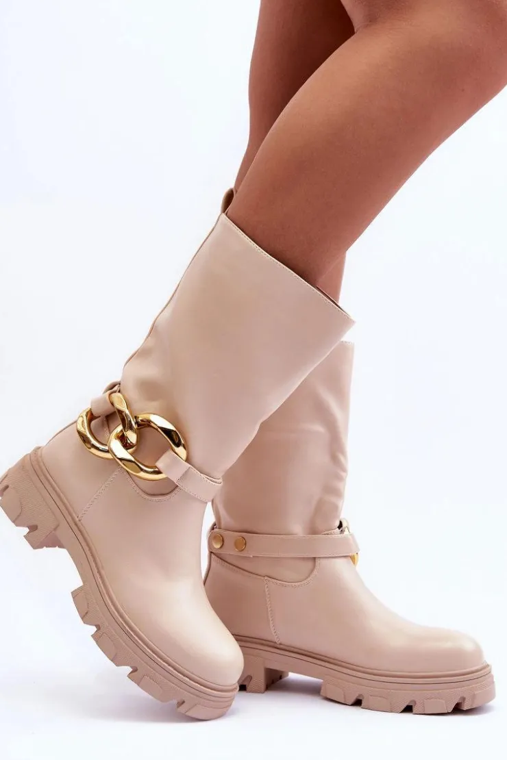 Online Boto Skórzane Kozaki Na Płaskim Obcasie Beżowe Diominna