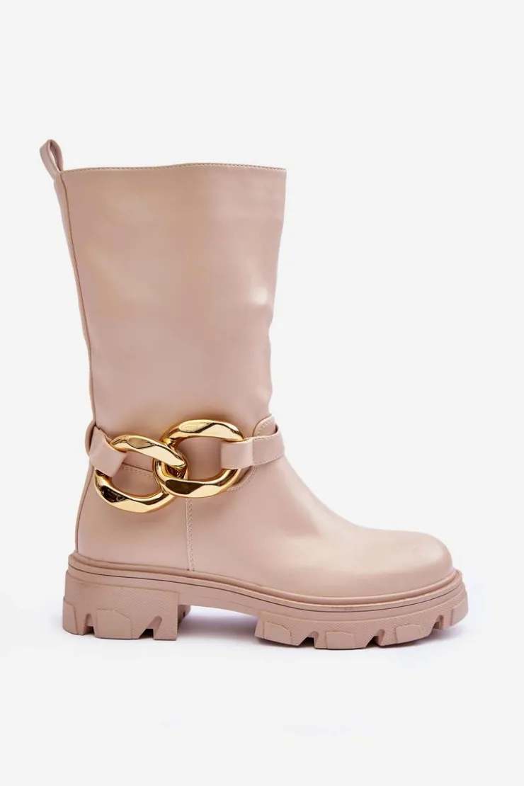 Online Boto Skórzane Kozaki Na Płaskim Obcasie Beżowe Diominna