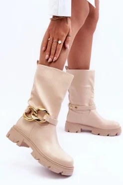 Online Boto Skórzane Kozaki Na Płaskim Obcasie Beżowe Diominna